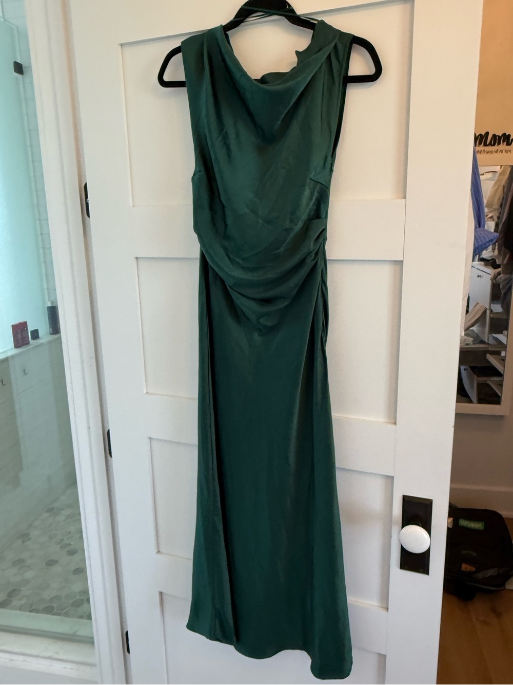 Emerald Green Satin Cap Sleeve Cowl Back Dress for Women - Picture 4 of 7